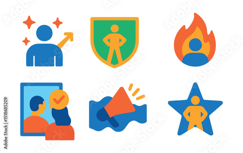 Flat vector icons of confidence and self-worth: confidence boost icon, power pose badge, inner strength symbol, proud moment flame, mirror self-affirmation icon, voice of confidence wave, elevated