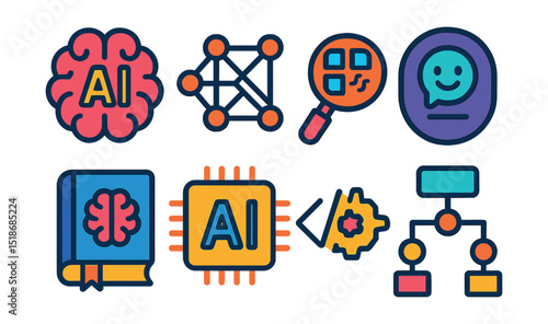 Flat vector icons of artificial intelligence and machine learning: AI brain icon, neural network grid, data pattern recognition, intelligent assistant badge, machine learning book, AI chip icon,