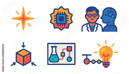 Flat vector icons of innovation and research: innovation spark icon, tech breakthrough badge, research lab symbol, scientist AI collaboration, prototype model icon, experiment board, innovation