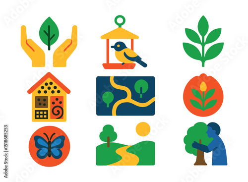 Flat vector icons of nature and wildlife connection: hands holding leaf, bird feeder icon, insect hotel, native plant symbol, wildlife corridor map, butterfly habitat badge, nature walk path, tree