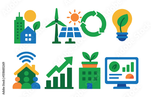 Flat vector icons of future of eco-conscious living: sustainable city skyline, renewable infrastructure icon, circular economy loop, eco innovation hub, smart eco community, green economy growth