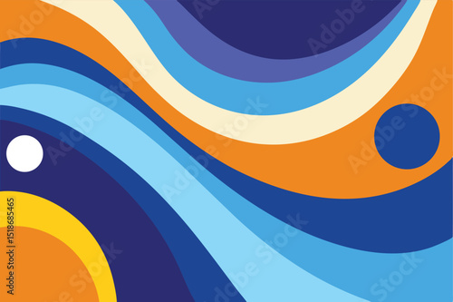 Abstract wavy lines composition in vibrant blues oranges and yellow colors