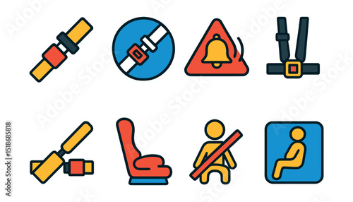 Flat vector icons of seatbelts and protection: seatbelt icon, buckle up sign, warning chime, safety harness, lap belt, child car seat, restraint symbol, passenger indicator.