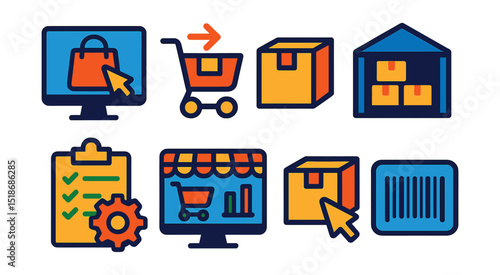 Flat vector icons of e-commerce logistics: online order icon, shopping cart delivery, e-commerce package, fulfillment center, order processing, e-store dashboard, click-to-ship, order barcode.