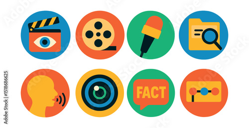 Flat vector icons of documentaries and real stories: clapperboard with eye, documentary reel, interview mic, research file, narration icon, documentary lens, fact bubble, story timeline.