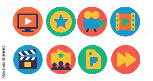 Flat vector icons of trailers and sneak peeks: video trailer icon, coming soon badge, teaser camera, trailer filmstrip, behind the scenes, premiere trailer, preview tag, fast-forward icon.