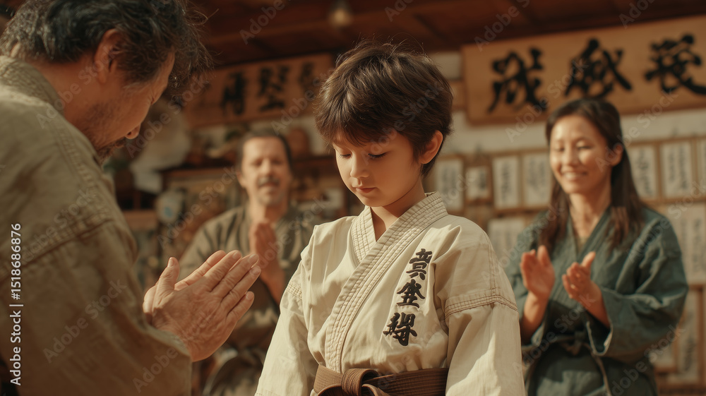 Obraz premium Young boy begins his karate journey with a heartfelt ceremony