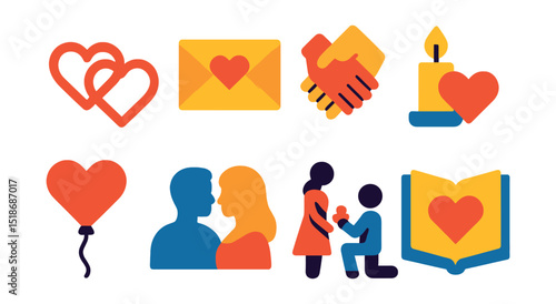 Flat vector icons of love and romance: intertwined hearts, love letter, holding hands, romantic candlelight, heart balloon, couple silhouette, proposal moment, love story book.