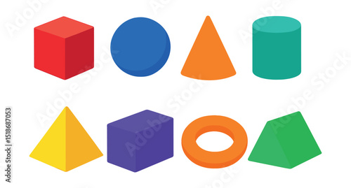 Flat vector icons of 3D shapes: cube, sphere, cone, cylinder, pyramid, rectangular prism, torus, triangular prism.