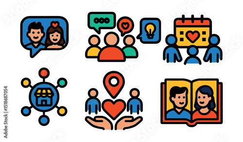 Flat vector icons of wedding community and support: couple forum icon, wedding group chat, peer advice icon, planning community, vendor network, support heart icon, local meetups, shared story.