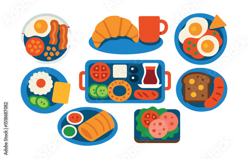 Flat vector icons of international breakfast plates: English breakfast, French croissant & coffee, Japanese tamago & rice, Mexican huevos rancheros, Turkish breakfast tray, German rye & sausage,