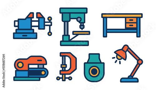 Flat vector icons of workshop and bench tools: bench vise, drill press, workbench, bench grinder, belt sander, bench clamp, dust collection port, bench light.