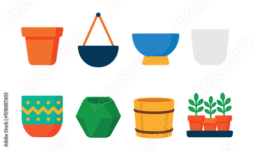 Flat vector icons of plant pots and containers: terracotta pot, hanging planter, ceramic plant bowl, minimalist white pot, patterned planter, geometric pot, bamboo pot, triple herb container.