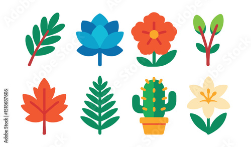 Flat vector icons of seasonal and weather-resistant plants: evergreen sprig, frost-tolerant succulent, summer bloom, spring buds, autumn foliage, hardy fern, drought-resistant cactus, monsoon lily.