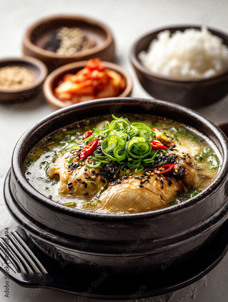 Delicious steaming hot Korean ginseng chicken soup served with rice Delicious steaming hot Korean ginseng chicken soup served with rice