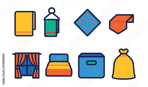 Flat vector icons of household textiles: bath towel, hand towel, dish cloth, table runner, window curtain, bed linen set, fabric storage cube, laundry bag.