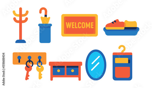 Flat vector icons of entryway items: coat rack, umbrella stand, welcome mat, shoe tray, key hook board, bench with storage, wall mirror, door organizer.