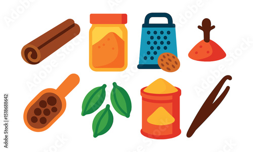 Flat vector icons of spices for baking: cinnamon stick, ground cinnamon jar, nutmeg grater, ground cloves, allspice scoop, cardamom pods, ginger powder tin, vanilla bean.
