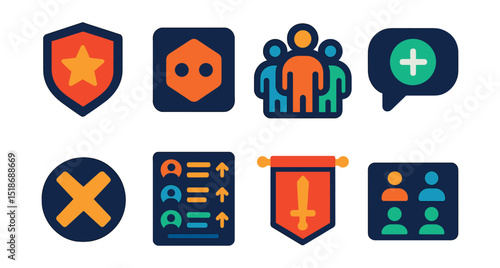 Flat vector icons of gaming teams and clans: team emblem icon, clan tag badge, multiplayer squad icon, team invite bubble, gaming alliance symbol, ranked clan list, guild banner, team formation
