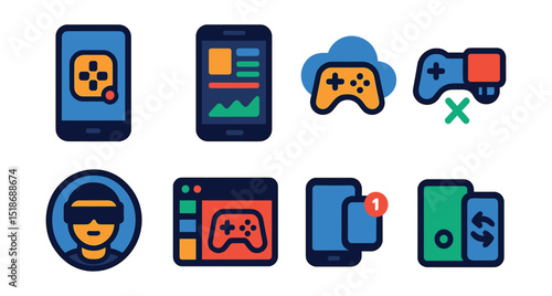 Flat vector icons of gaming apps and tech: mobile game icon, companion app dashboard, cloud gaming symbol, crossplay icon, VR gamer badge, game launcher UI, app notification icon, console-to-app sync