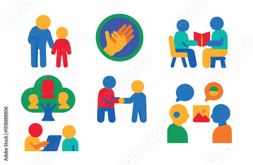 Flat vector icons of intergenerational engagement: grandparent and child icon, shared activity badge, storytelling session, family tree symbol, cross-age friendship icon, tech tutoring from youth,