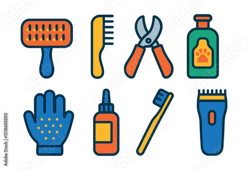 Flat vector icons of pet grooming tools: brush, comb, nail clipper, pet shampoo bottle, grooming glove, ear cleaner, toothbrush, hair trimmer.