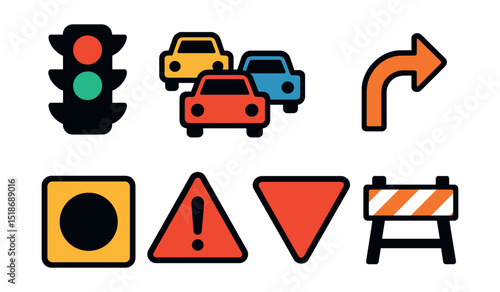 Flat vector icons of traffic and movement status: red light stop, green light go, traffic jam icon, detour arrow, slow zone sign, congestion alert, yield triangle, construction barrier.