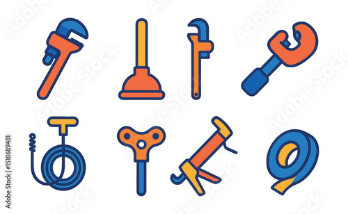 Flat vector icons of plumbing tools: pipe wrench, plunger, basin wrench, pipe cutter, drain snake, faucet key, sealant gun, Teflon tape.