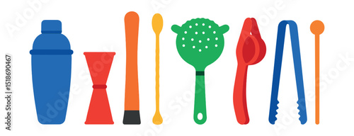 Flat vector icons of bar and mixology tools: cocktail shaker, jigger, muddler, bar spoon, strainer, citrus press, ice tongs, drink stirrer.