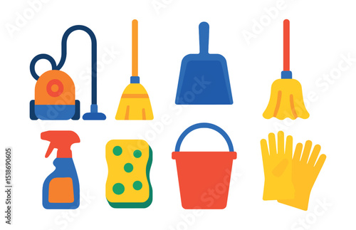 Flat vector icons of cleaning tools: vacuum cleaner, broom, dustpan, mop, cleaning spray, sponge, bucket, rubber gloves.