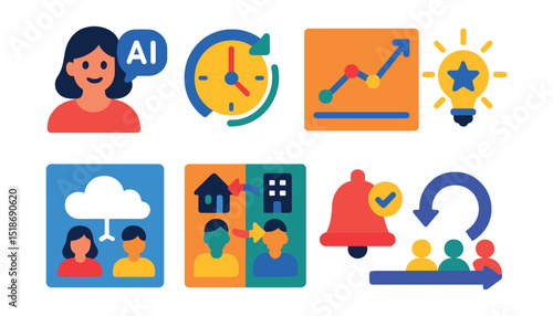 Flat vector icons of innovation and trends in project management: AI project assistant, real-time updates icon, trend graph, innovation spark badge, remote collaboration cloud, hybrid workflow icon,
