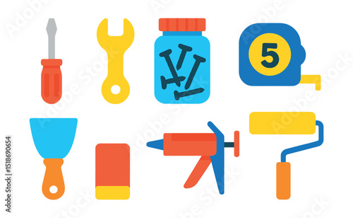 Flat vector icons of home repair essentials: screwdriver, wrench, nails jar, measuring tape, putty knife, sanding block, caulk gun, paint roller.