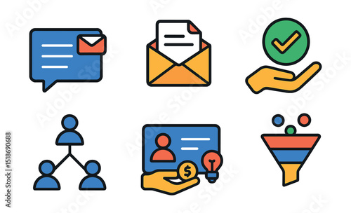 Flat vector icons of outreach and connection building: cold outreach message, follow-up email icon, mutual interest checkmark, connection request hand, open network symbol, conversation starter card,