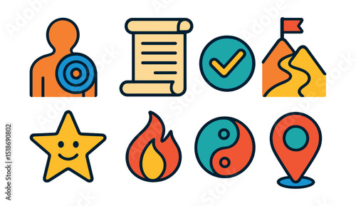 Flat vector icons of purpose and fulfillment: life purpose icon, mission statement scroll, values alignment badge, meaningful path icon, fulfillment star, contribution flame, intentional living