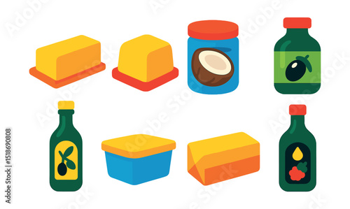 Flat vector icons of fats and oils used in baking: stick of butter, ghee block, vegetable shortening, coconut oil jar, olive oil bottle, lard tub, margarine pack, flavored baking oil.