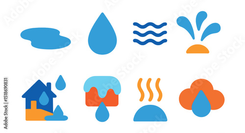 Flat vector icons of water-related weather: puddle, raindrop, wavy lines, splash, stormwater runoff, melting snow, water vapor icon, humidity cloud.