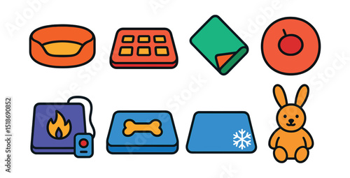 Flat vector icons of pet bedding and comfort: pet bed, crate mat, blanket, calming donut bed, heating pad, orthopedic pet mattress, cooling mat, snuggle toy.