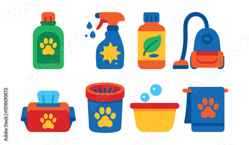 Flat vector icons of pet cleaning supplies: pet-safe floor cleaner, stain remover spray, odor eliminator, pet hair vacuum, grooming wipes, paw washer, washing tub, drying towel.