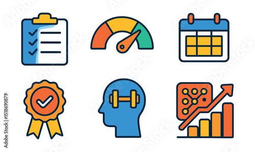 Flat vector icons of discipline and structure: daily routine checklist, habit discipline meter, consistent action tracker, calendar structure symbol, commitment badge, no-excuse tag, disciplined mind