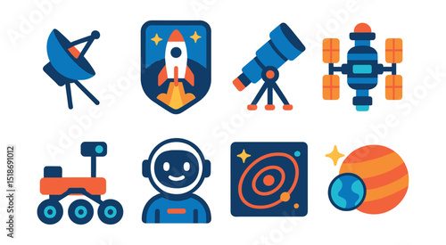 Flat vector icons of space exploration and science: space probe icon, rocket launch badge, space telescope symbol, futuristic space station, Mars rover icon, astronaut AI companion, interstellar map,