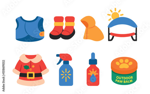 Flat vector icons of seasonal pet care items: pet cooling vest, winter dog boots, summer sunshade bed, raincoat, holiday costume, fireworks calming spray, allergy relief drops, outdoor paw balm.