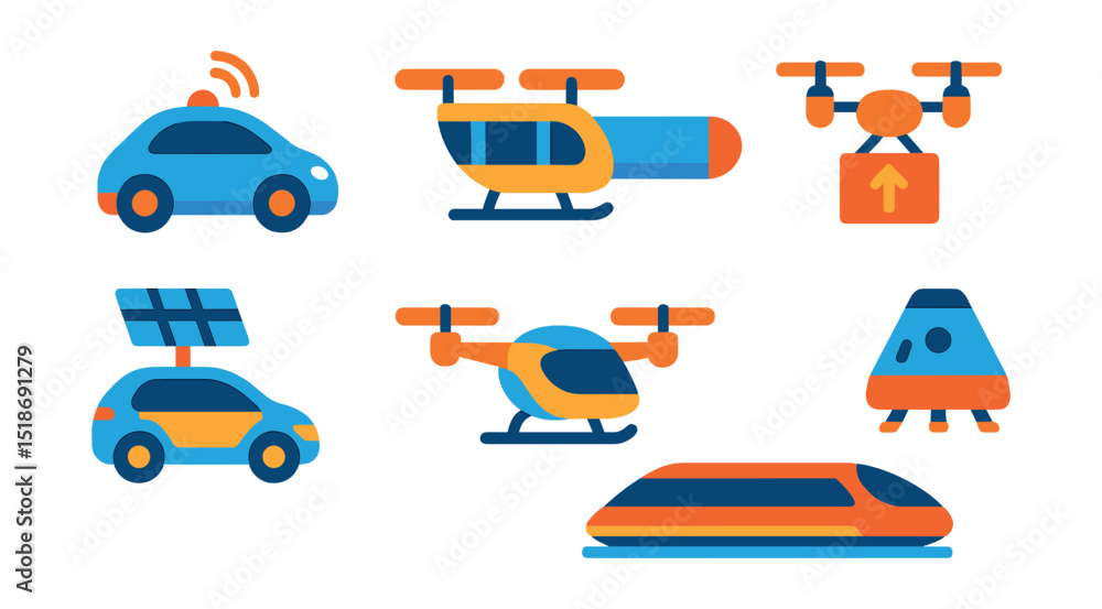 Naklejka premium Flat vector icons of futuristic transport: autonomous car, flying taxi, hyperloop pod, drone delivery, electric air taxi, solar-powered vehicle, magnetic train, space capsule.