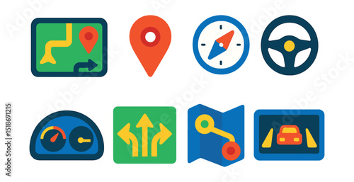 Flat vector icons of transport control and navigation: GPS device, map pin, compass, steering wheel, dashboard, navigation arrows, route planner, car display screen.