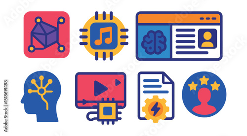 Flat vector icons of AI-driven creativity and content: generative design icon, AI music creation badge, automated storytelling tool, neural style transfer icon, AI-assisted video editing, creative