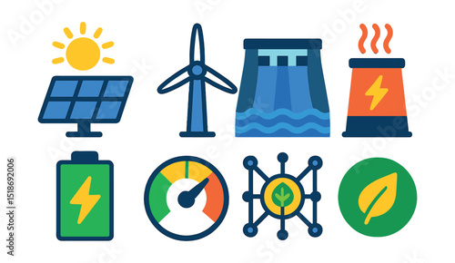 Flat vector icons of clean energy technologies: solar panel, wind turbine, hydroelectric dam, geothermal station, renewable battery, energy efficiency meter, smart grid, green tech symbol.