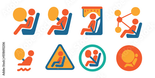 Flat vector icons of airbags and restraints: airbag deployment icon, passenger airbag, curtain airbag, airbag system, warning light, crash safety icon, safety zone, airbag symbol.