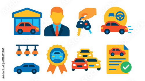 Flat vector icons of car dealerships and showrooms: dealership building, sales agent, new car keys, test drive icon, showroom lights, certified badge, car lineup, purchase contract.
