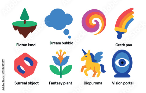 Flat vector icons of imagination-driven elements: floating island, dream bubble, abstract swirl, rainbow brush trail, surreal object, fantasy plant, magical creature sketch, vision portal.