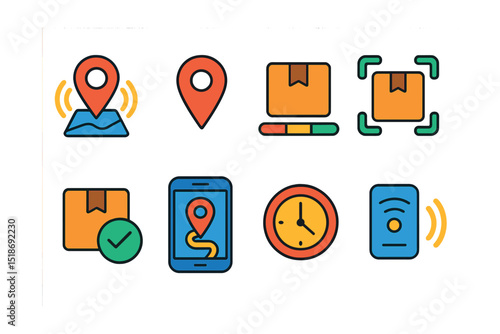 Flat vector icons of tracking and monitoring: live tracking icon, location pin, parcel status bar, scan update, delivery status, mobile tracking app, ETA icon, movement sensor.
