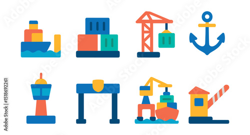 Flat vector icons of ports and terminals: port dock, container yard, loading crane, ship anchor, control tower, customs gate, cargo ship in port, entry checkpoint.